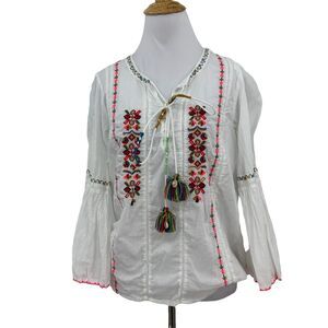 Kalypso 7 Embroidered Blouse Womens XS Extra Small Tie Tassel Boho Bell Sleeves